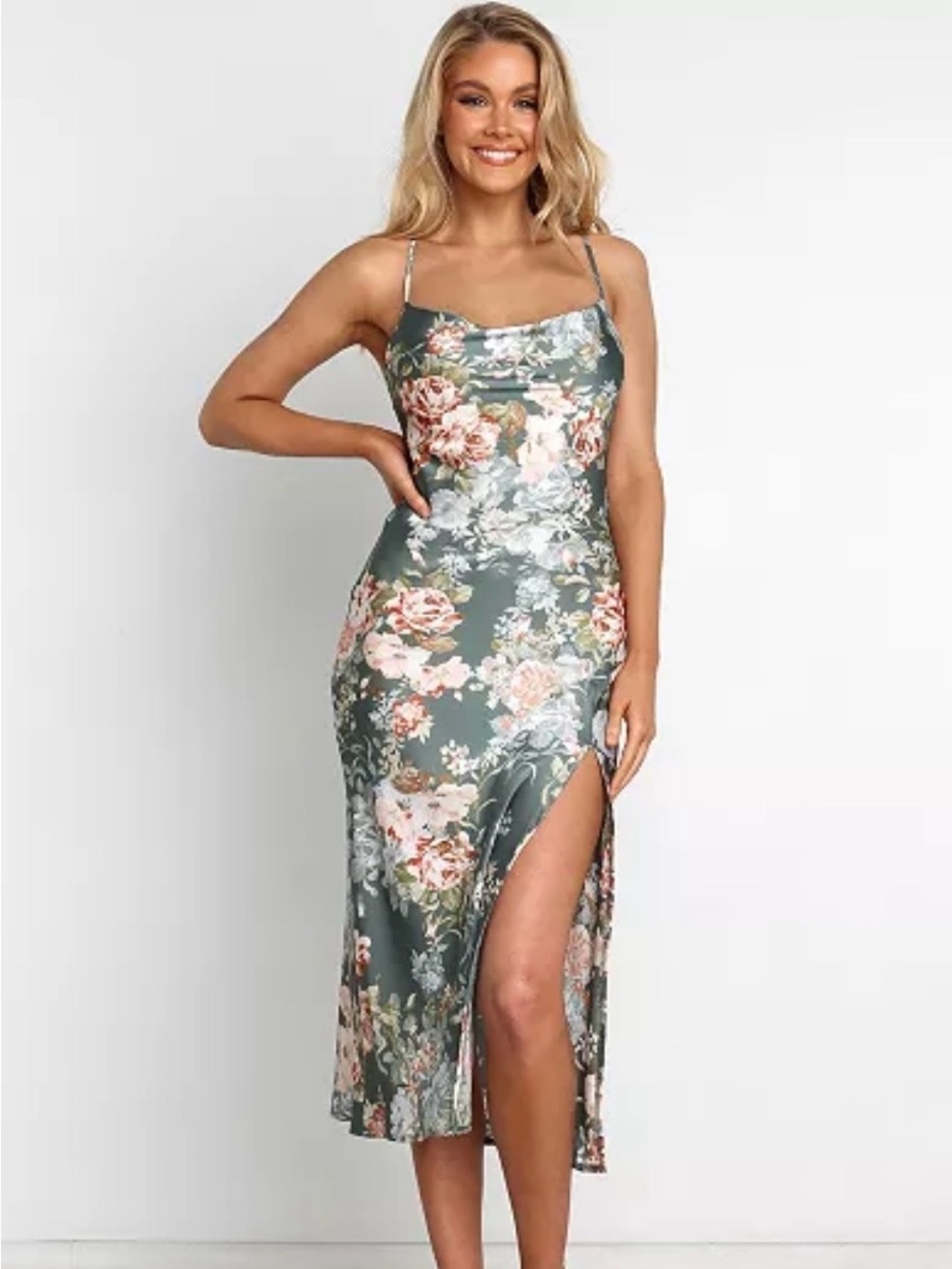 Floral Satin Slip Dress with Side Slit - Green Floral - Petal & Pup